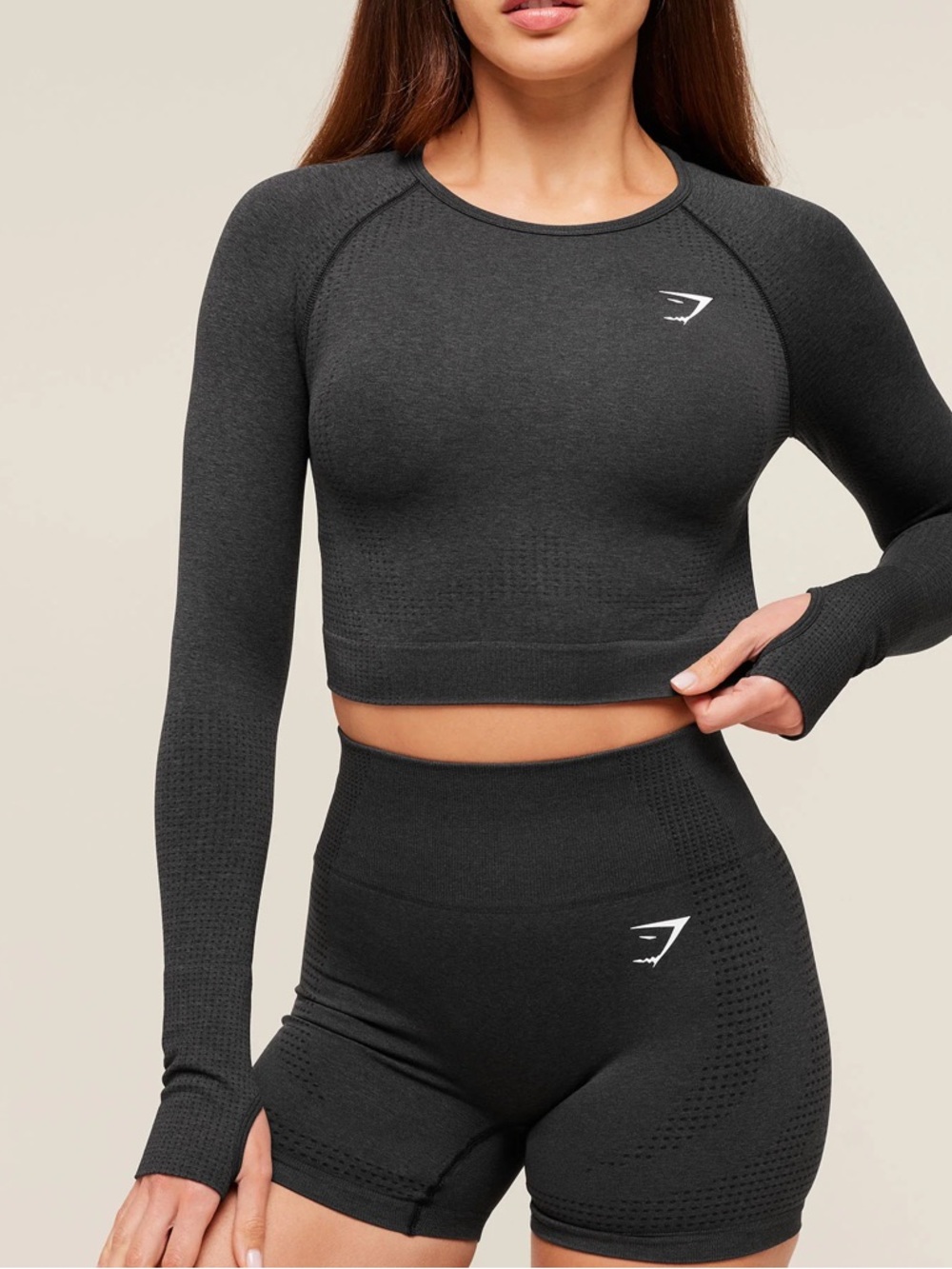 Gymshark Charcoal Black Marl Vital Seamless Long Sleeve Crop Top Women Small